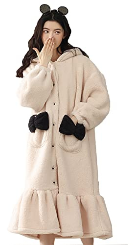 GHYUB Accappatoio Donna Spugna Fantasia，Vestaglia Lunga in Pile, Pigiama Carino da Donna, Accappatoi in Peluche, Vestaglia Invernale in Velluto Corallo, da Casa, da Notte (Color : Beige, Size : M)