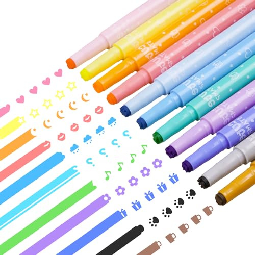 NiArt 11-pack söta godisfärgspennor med mini stämplingstips för färgning, teckning, illustrering, journalföring och konsthantverk, kreativt skolklassrum självbläckande brevpapper