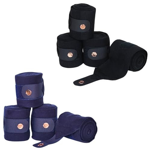 Marengos - Fleecebandagen Modern Rosé (4er Set) 300 cm | elastische Bandagen fürs Pferd mit Klettverschluss, roségoldenem Metallplättchen & Antipilling-Fleece | Pferde-Beinschutz in Schwarz