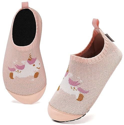 Kyopp Hausschuhe Kinder Junge Mädchen Pantoffeln Atmungsaktive Rutschfest Weich Barfussschuhe für Lauflernschuhe Kleinkinder Schuhe Kindergarten Unisex (Rosa Einhorn 24/25EU)
