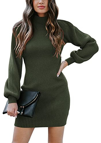 Yageshark Robe en tricot pour femme - Mini robe d'hiver décontractée - Haute élasticité - Manches longues, vert, S