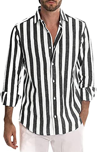Chemise en lin pour homme à rayures - Manches longues - Pour l'été - Pour les loisirs - Funky Hawaïen - Manches longues - Chemise décontractée - Coupe régulière, Noir , XXL