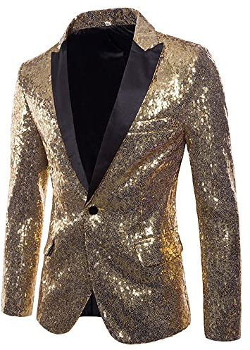 Veste de costume brillante à sequins pour homme, type blazer, un bouton, pour soirée de dîner, mariage, smoking, doré, M