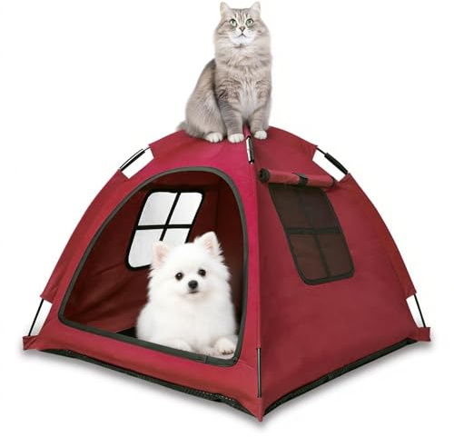 Nockovi Tente ouverte anti-anxiété pour animaux de compagnie, lit apaisant pour chats et petits chiens, maille respirante, installation sans outils, voyage intérieur et extérieur, rouge