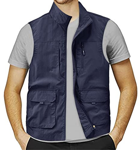 WAZHAKU Gilet da lavoro da uomo, estivo, leggero, traspirante, con tasca multifunzionale, senza maniche, multi-tasche, in nylon, per la caccia, le escursioni, Blu, XL
