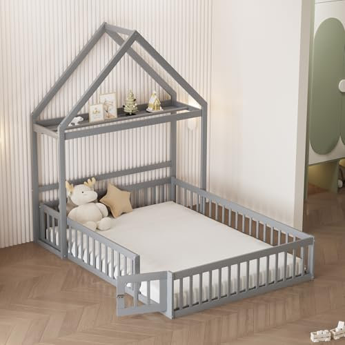 Cuna de madera maciza para niños de 140 x 200 cm, rejilla de protección, espacio de almacenamiento, puertas y somier, diseño robusto en gris, ideal para habitaciones infantiles seguras