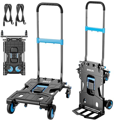 SPECILITE 2 In 1 Folding Sack Truck, Heavy Duty Sack Barrow, 150 KG Capacity, Foldable Hand Truck Trolley with Retractable Handle & Wheels, Platform Cart Dolly for Moving Items
