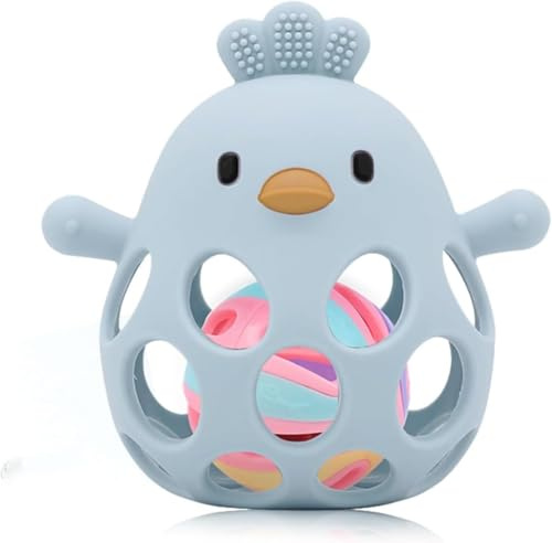 JoyJoyful Giochi Sonaglio Dentizione Del Neonato 0-3 6-9 12 Mesi, Giochi Bambini 7 8 10 Mesi, Giocattoli Silicone da Massaggia Gengive Neonati, BPA Free Montessori Regalo Bambino Maschio (Blu)