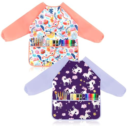 Funver 2pcs Tablier Peinture Enfant, Blouse Peinture Enfant, tablier Manches Longues enfant Avec Poches, Tablier Cuisine éTanche de 3 à 8 Ans, IdéAl pour L'Art à L'éCole et la Cuisine