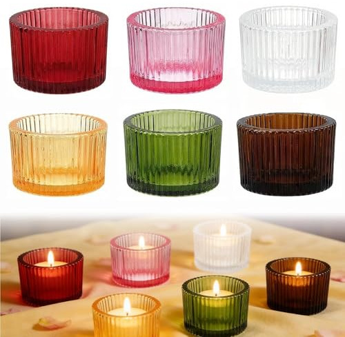 Touosy 6 Pezzi Portacandele Vetro Compatto Porta Candele Vetro, Colorato a Coste Porta Candele da Tavolo Robusto Candelabro per Decorazioni Tavolo di Soggiorno Casa (5,4 x 3,5 CM)