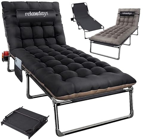 Relaxdays hopfällbar campingsäng med madrass, nackkudde, telefonhållare, stöder upp till 250 kg, 26 x 190 x 72 cm svart