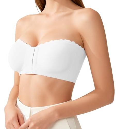 KUOIASY Front Fastening Bras,Anti-Slip Bandeau Top Removable Fastening Invisible Bra (UK, Alpha, M, Regular, Regular, White)