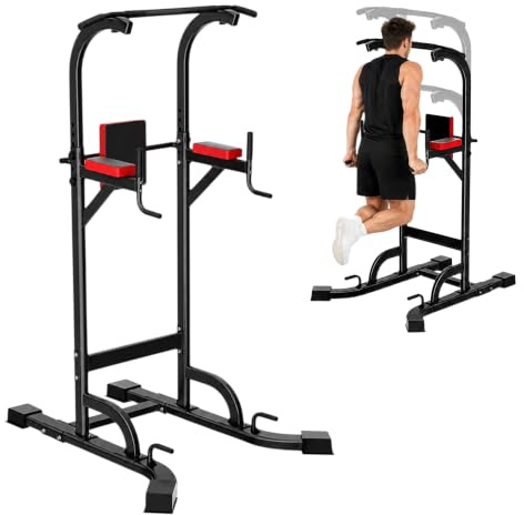FROOBY Fitness Power Tower & Dip Station – Adjustable Pull Up Rack, Dip Stand & Push Up Bars for Strength Training Workout - Multi Function Power Cage for Home Gym Exercise - Black & Red