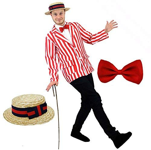 RED WHITE STRIPE BLAZER + STRAW BOATER HAT WITH NAVY & RED RIBBON + RED BOWTIE BARBERSHOP EDWARDIAN PERFECTO FOR FANCY DRESS OR BOOK WEEK JACKET 1920'S SHOW (LARGE)