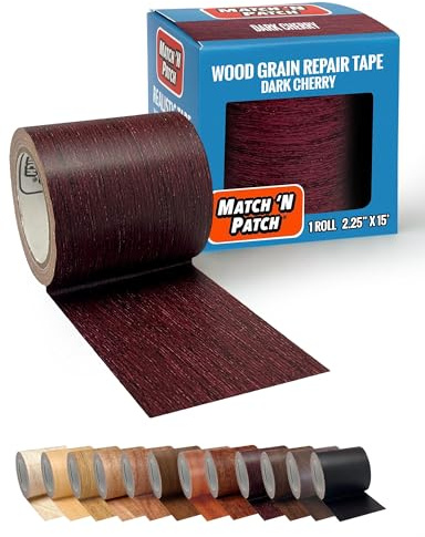 MATCH 'N PATCH Wood Grain Repair Tape - Dark Cherry, 2.25 in x 15 ft (1-Pack) – Wood Grain Colored Duct Tape for Mirror Frame, Trim, Borders, Floor and Other Furniture, Scratch Repair Kit