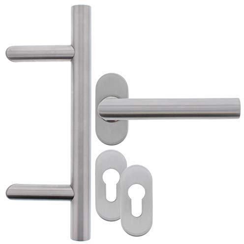 ToniTec Stossgriff Edelstahl für Haustür Türgriff Set Schräg Rosettengarnitur + Befestigung (350mm)