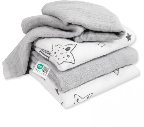 MAKIAN 4 Stück Mulltücher Spucktücher 70 x 70 cm - Mullwindeln doppelt gewebt mit verstärkter Umrandung, maschinenwaschbar bis 60° C, Oeko-TEX® Standard 100 geprüft - Sterne Weiß Grau