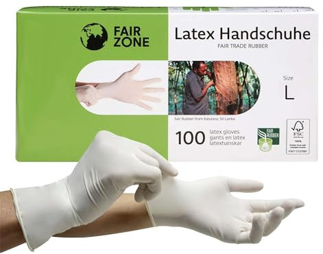 FAIR ZONE Latex Einweghandschuhe L 100 Stück – Latex Handschuhe Puderfrei Nachhaltig & Fairtrade – Latexhandschuhe Umweltfreundlich & Plastikfrei