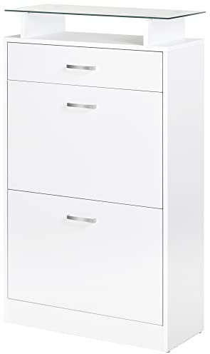 HOMCOM Mueble Zapatero Armario Zapatero con 3 Cajones Estante de Vidrio y Asa de Aluminio para Pasillo Entrada Carga 50 kg 60x24x105,5 cm Blanco
