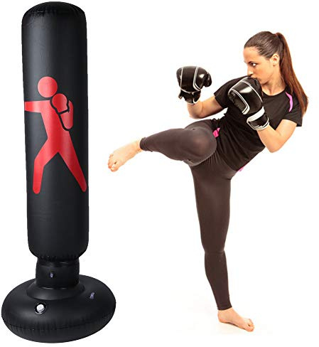 Saco de Boxeo Inflable, PVC 160cm Adultos Saco de Arena de Columna Inflable Saco de Arena Inflable, Saco de Arena Columna Tumbler Saco de Arena para Niños y Adultos(Negro)