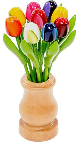 Bouquet de Tulipes en Bois dans Un élégant Vase en Bois rétro, 9 Tulipes en Bois peintes à la Main, 21 cm, Bouquet, décoration, Cadeau, Anniversaire, fabriqué en Hollande