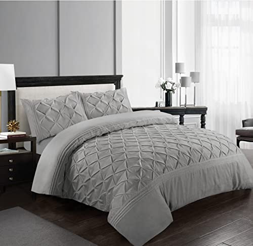 Pintuck - Juego de funda de edredón con fundas de almohada, 100 % microfibra, color blanco, gris, carbón y rosa, juego de ropa de cama doble, King y Super King (gris, Super King)