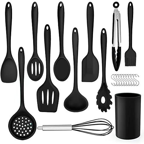 Herogo Kitchen Utensils Set, 22-Piece Silicone Cooking Utensils with Holder, Kitchen Tools Turner Spatula Spoon for Non-Stick Cookware, Heat Resistant & Non-Scratch, Dishwasher Safe (Black)
