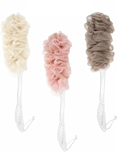 Shower Brush Exfoliating Loofah Long Handle Pouf Bath Brush Back Scrubber Body Scrub Puff Scrunchie Soft Mesh Net Brush Non Slip for Body and Back Lower Legs Bathroom Unisex 1PC (Body Brush)