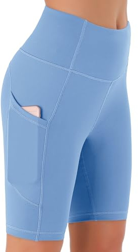 JOYSPELS Womens High Waist Cycling Shorts with Pockets Light Blue L