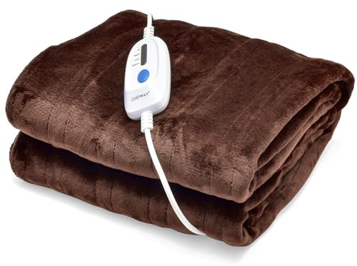 COSTWAY Heizdecke 130 x 180 cm, Wärmedecke mit Abschaltautomatik, 4 Temperaturstufen & 8 Stunden Timer & PTC/NTC Überhitzungsschutz, maschinenwaschbar Kuscheldecke Kaffee