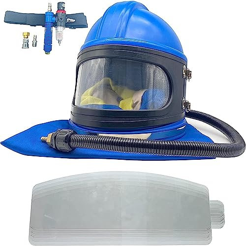 Casque de sablage Casque de sablage à alimentation en air sécurisée avec protection des épaules Cagoule de protection pour le sablage équipée d'un thermostat de sablage 10 PCS Lentilles extérieures