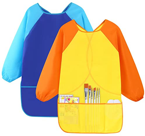emperoch 2 Stück Malschürze Kinder Malkittel Kunstschürzen Kinderschürze für Schule Kunst Malerei Langarm Wasserdicht Polyester BPA-frei 6-12 Jahre Mädchen/Junge