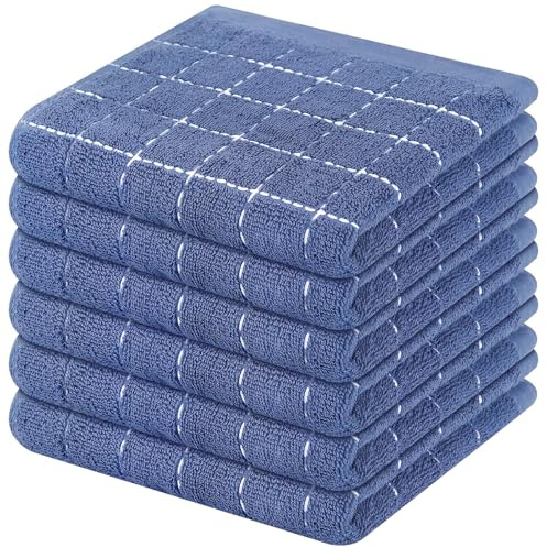 Mordimy - Juego de 6 paños de cocina de rizo de algodón 100 %, trapos de cocina ultrasuaves y absorbentes a cuadros, trapos para lavar platos de secado rápido, 12 x 12 pulgadas, azul marino
