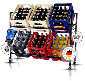 VENDORIA MAX Drinks Crate Rack Black Metal Box Holder for 3 Crates [Box Stand with Wheels] Beer Crate Stand with Bottle Opener Modern Box Stand Box Holder Slim (6 Boxes)