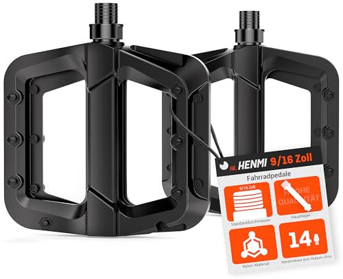 HENMI Fahrradpedale 9/16 Zoll, rutschfest Pedale Fahrrad MTB, Nylon Composite Flatpedale Set für Rennrad, Mountainbike, Trekking & E-Bike