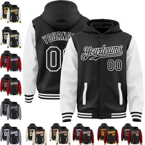 Fanscustom Custom Jacket with Hoodie Inside Black and White Baseball Hoodies Two Tone Letterman Jackets Bomber Fashion Bomber Personalized Hiking Jackets College Jackets Stitched Any Name Number Logo