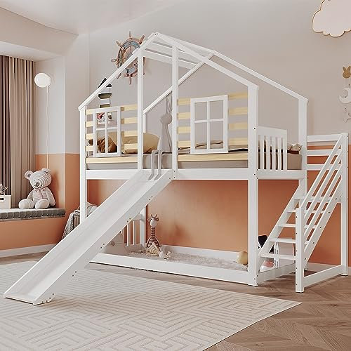 Gegtuon Kinderbett Etagenbett 90x200 cm, Hochbett mit Treppe und Rutsche, Bett Hausbett mit Dach für Jungen und Mädchen, Holzbett mit 1x Lattenrost aus Holz und Rausfallschutz, Weiß, ohne Matratze