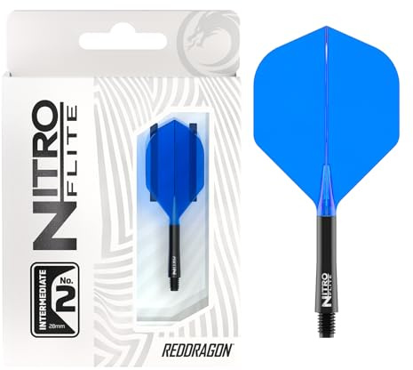 RED DRAGON Darts – Nitro Flite Integrated Flight & Shaft System – No.2 Shape and Design – Black & Blue Colour, Intermediate Length