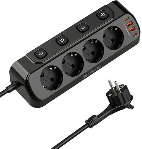 Ecksteckdose mit USB, 4 Fach Steckdosenleiste mit Schalter, Mehrfachsteckdose Steckerleiste mit 2 USB und 2 Type-C, 8 in 1 Steckdosenverteiler Flachstecker mit 2M Kabel für Smartphones, Hause, Schwarz