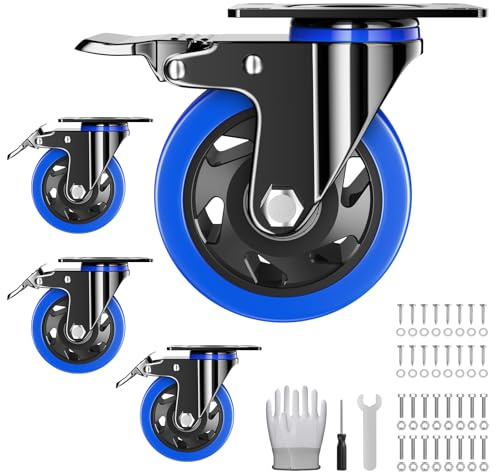 4 Inch Caster Wheels, Casters Set of 4 Heavy Duty, Locking Swivel Casters with Brake, Industrial Plate Casters Wheels Include Free Hardware Kits for Workbench, Furniture, Cart