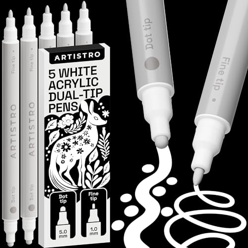 ARTISTRO 5 White Acrylic Paint Pens for Rock, Fabric, Wood, Glass, Decoration - Dual Tip (Dot & Fine) Paint Markers for Coloring Books for Adults, Teens, Kids - Art and Craft Supplies Kit