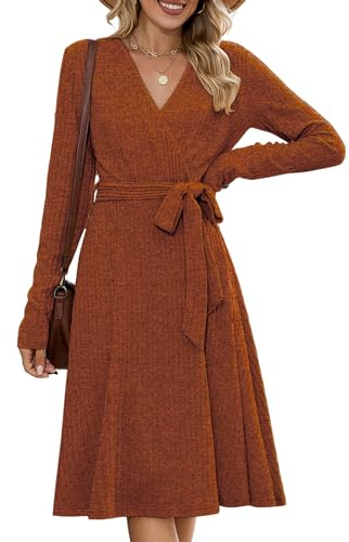 ZAFUL Sweater Dresses for Women 2025 Fall Casual V Neck Long Sleeve Wrap Midi Dress with Belt Ribbed Knit Pleated A Line Flowy Business Outfits Classic Corset Swing Wedding Guest Wear Orange S