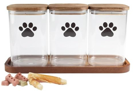 Ctomche Dog Treat Jar Set of 3,Glass Container Airtight Lid,Clear Pet Biscuit Treat Tin with Bamboo Lids and Tray for Dog Cat,Pet Food Tin,Food Storage Container Box for Biscuits Brown
