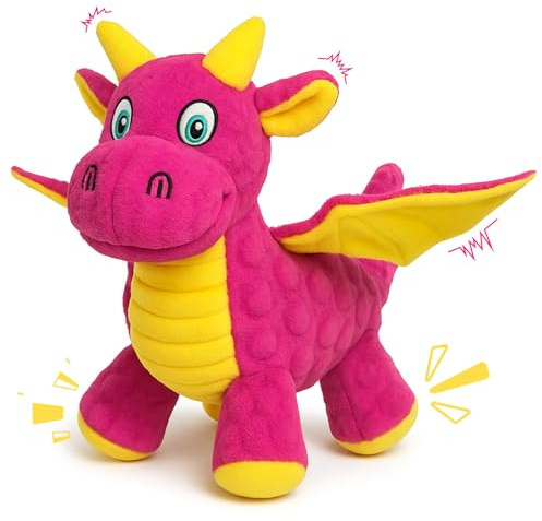 BBeary Squeaky Dog Toys - Cute Plush Dragon Dog Toy with 5 Squeakers & Crinkle Paper, Pink Dog Toy Gift for Small, Medium and Large Dogs (Pink,10)