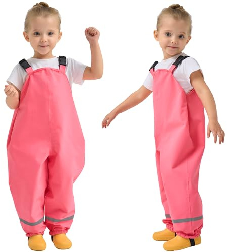 Fewlby - Pantalones de lluvia para niños, tirantes impermeables para niños pequeños, a prueba de suciedad, Rojo rosa, 4-5 Años