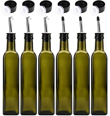 Kingrol 6 Pack 8 oz Glass Olive Oil Dispenser Bottles, Oil and Vinegar Cruets with Stainless Steel Pourer Spouts, Non-Drip Oil Bottles for Kitchen