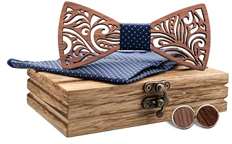 Mr.Van Set di Papillon in Legno per Uomo - Fatto a Mano, Misura Regolabile, Stile Classico - Scatola di Legno Con Gemelli, Fazzoletto per Feste Di Matrimonio