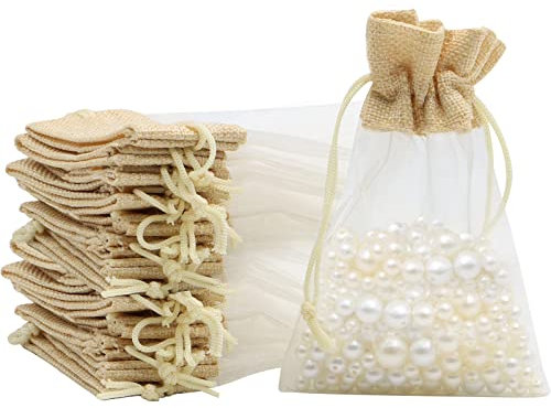 VEGCOO 24 Stück Geschenksäckchen Organzasäckchen mit Jutesäcken Zusammengenäht, Wiederverwendbare Säckchen zum Befüllen, 10 x 15cm Geschenktaschen für Weihnachten, Taufen, Hochzeiten, Geburtstage