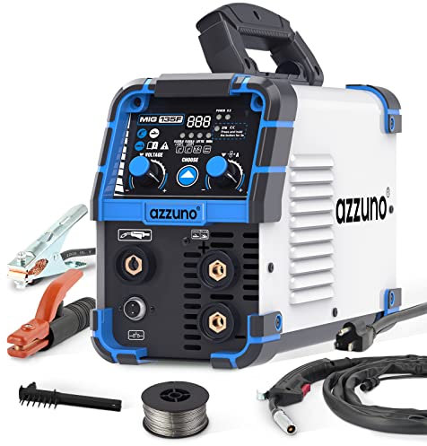 AZZUNO Soldador MIG de 135 amperios, soldador multiproceso 3 en 1, soldador de núcleo de flujo de 110 V, máquina de soldadura MIG/Lift TIG/Stick, control sinérgico, soldador inversor IGBT (voltios