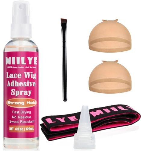 MIILYE Wig Glue Spray for Front Lace Wig 4oz/ 120ml, Daily Melting Spray for Lace Wigs, Wig Melting Spray, Strong Hold Lace Bond Spray, Temporary Wig Glue Spray Lace Melting kit with Wrap Headband
